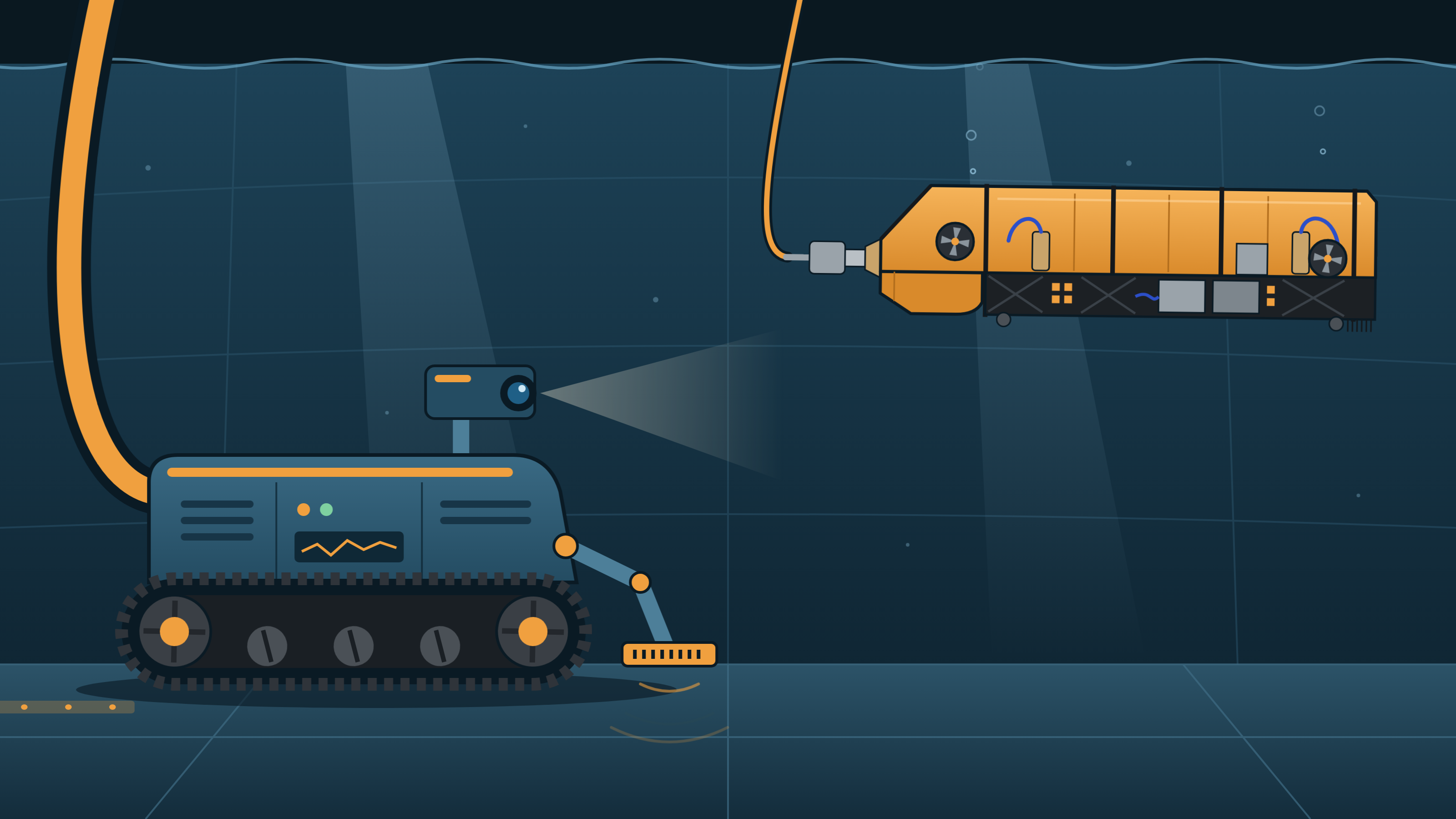 Illustration of a tracked crawler robot on the tank floor and a submersible swimmer robot moving through the product